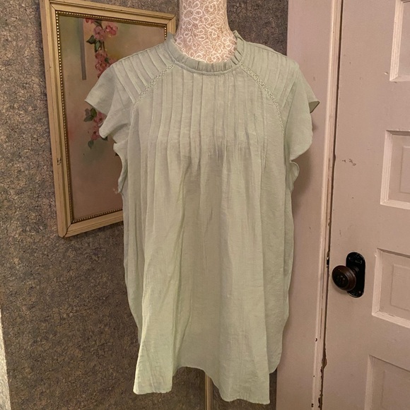 Nanette Lepore Flutter Sleeve Pintuck Top Sz XL Aloe Green light Gauze - Picture 1 of 7
